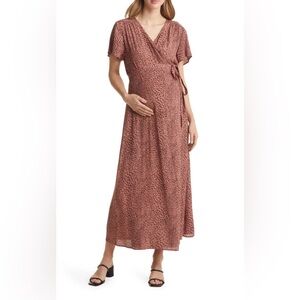 Angel Maternity, Maternity Wrap Midi Dress in Rust Cheetah Print